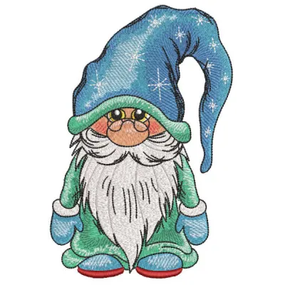 Winter gnome with glasses embroidery design featuring a whimsical gnome perfect for seasonal projects.