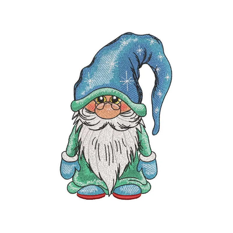 Winter gnome with glasses embroidery design featuring a whimsical gnome perfect for seasonal projects.