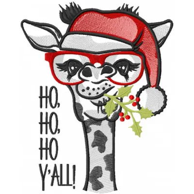 Preview of the Christmas Giraffe ho ho ho yall embroidery design featuring a festive giraffe with holiday text.