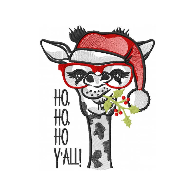 Preview of the Christmas Giraffe ho ho ho yall embroidery design featuring a festive giraffe with holiday text.