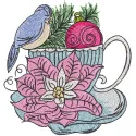 Embroidery design featuring a bird perched on a cup surrounded by floral elements on a Christmas ball.