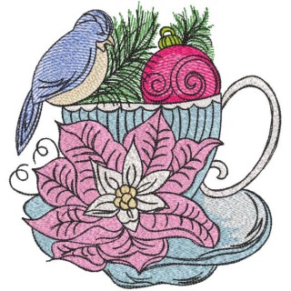 Bird sitting on a cup flower Christmas ball embroidery design - Embroidery Design