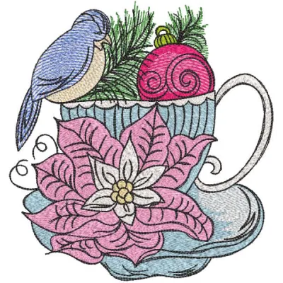 Embroidery design featuring a bird perched on a cup surrounded by floral elements on a Christmas ball.
