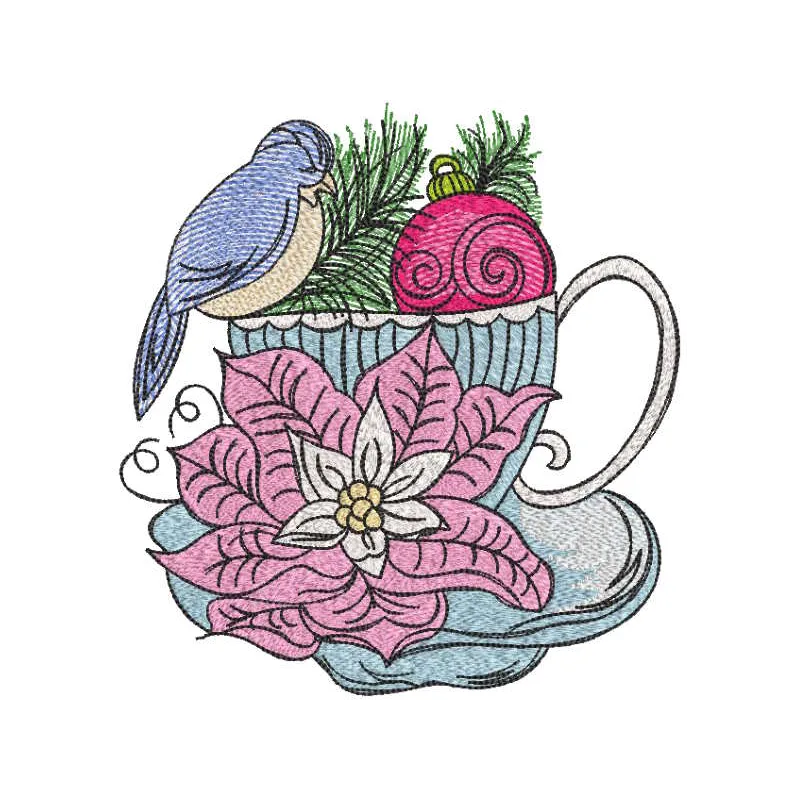 Embroidery design featuring a bird perched on a cup surrounded by floral elements on a Christmas ball.