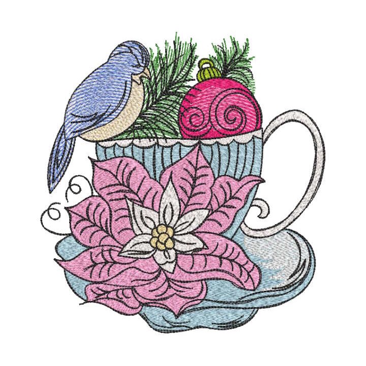 Bird sitting on a cup flower Christmas ball embroidery design - Embroidery Design