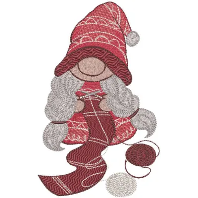 Preview of a whimsical knitting dwarf embroidery design featuring a cheerful gnome surrounded by yarn.