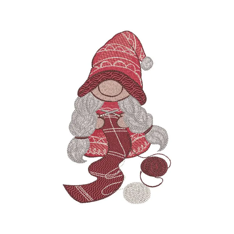 Preview of a whimsical knitting dwarf embroidery design featuring a cheerful gnome surrounded by yarn.