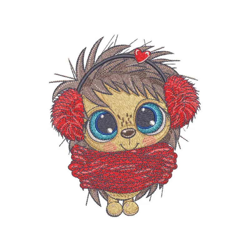 Warmly dressed hedgehog embroidery design showcasing a cute hedgehog in cozy attire for creative stitching projects.