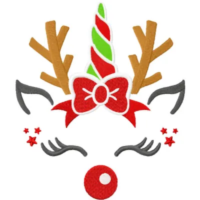 Funny Christmas unicorn embroidery design featuring a whimsical unicorn with festive elements, perfect for holiday projects.