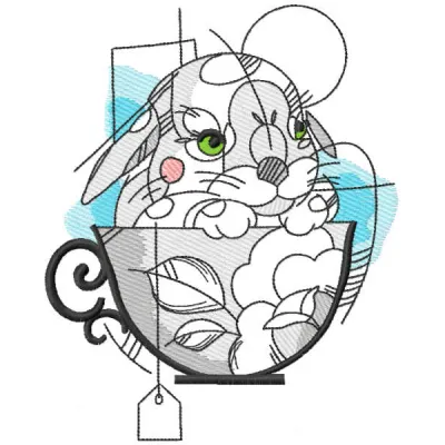 Bunny tea cup sketch embroidery design preview showcasing a whimsical bunny and tea cup motif for creative stitching.