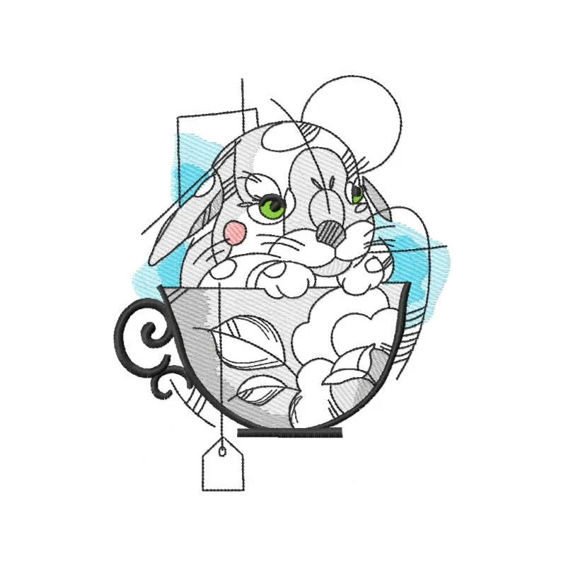 Bunny tea cup sketch embroidery design preview showcasing a whimsical bunny and tea cup motif for creative stitching.