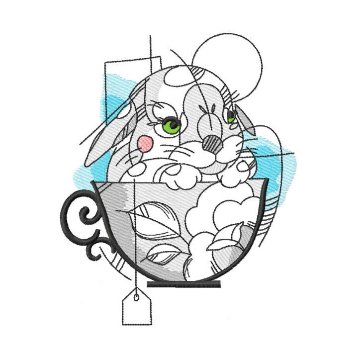Bunny tea cup sketch embroidery design - Embroidery Design