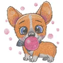 Corgi and bubble gum embroidery design featuring a playful dog with a colorful bubble, perfect for crafting.