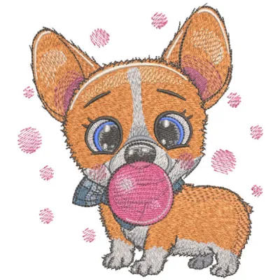 Corgi and bubble gum embroidery design featuring a playful dog with a colorful bubble, perfect for crafting.