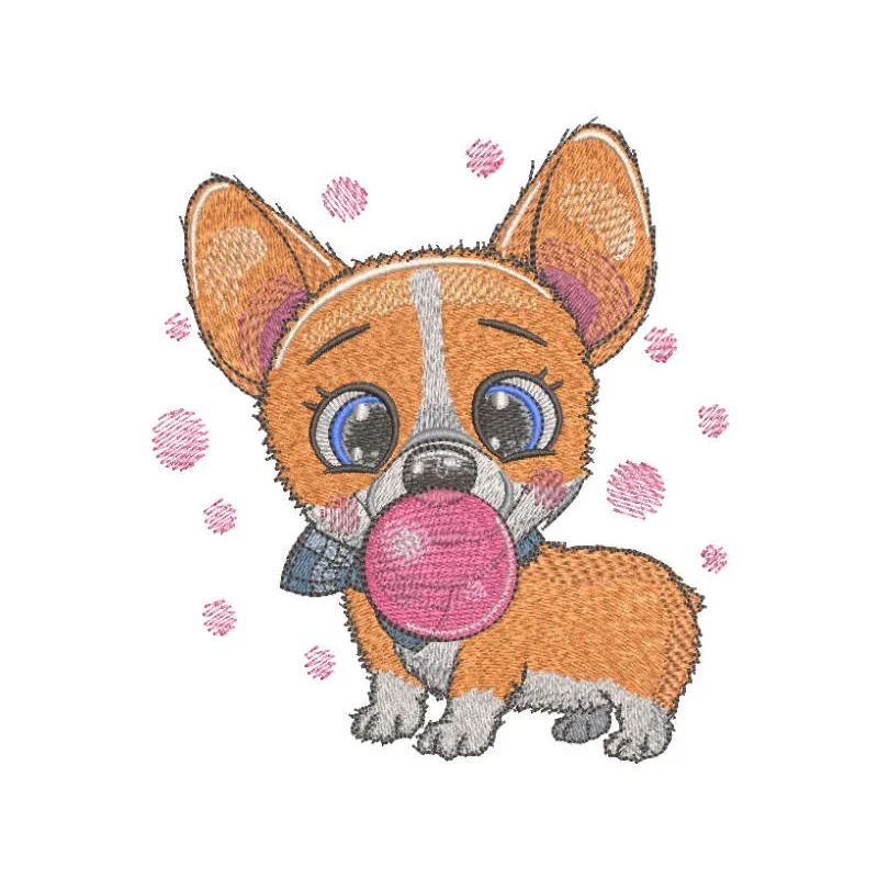 Corgi and bubble gum embroidery design featuring a playful dog with a colorful bubble, perfect for crafting.