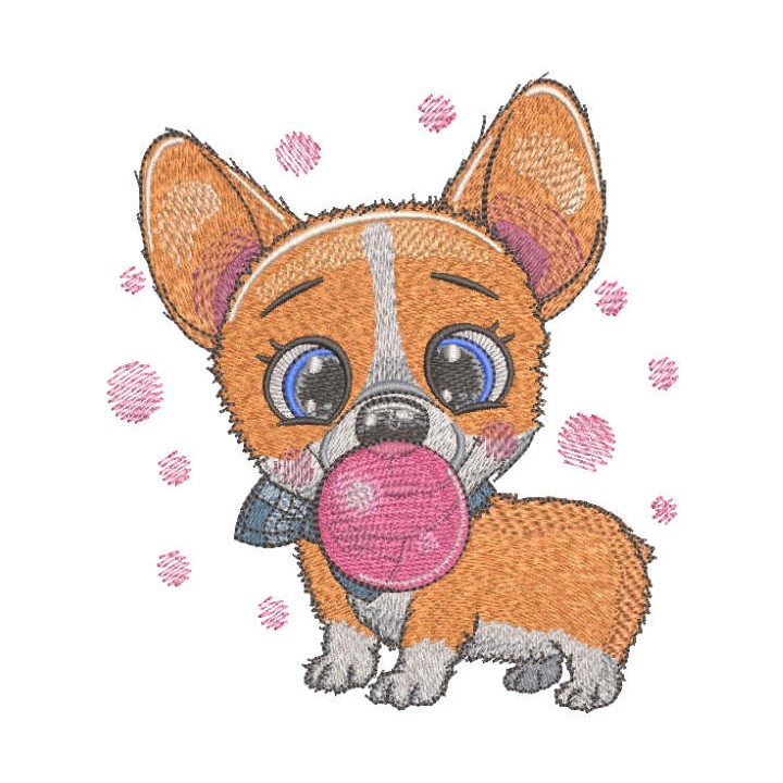 Corgi and bubble gum embroidery design - Embroidery Design