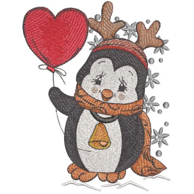 Happy Christmas penguin embroidery design featuring a cheerful penguin in a festive setting, ideal for holiday projects.
