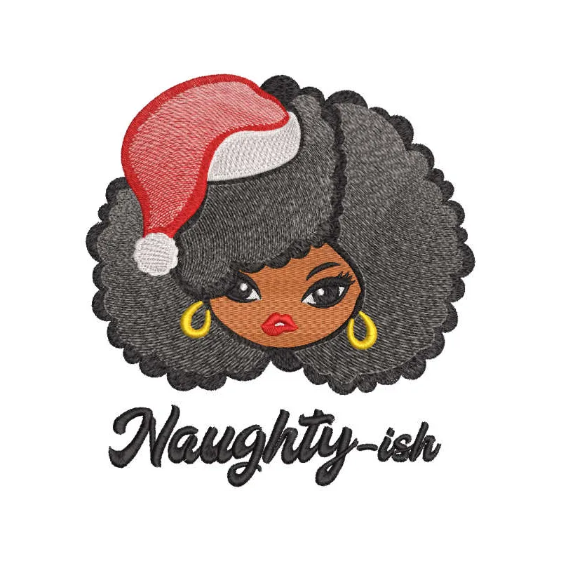 Naughty ish embroidery design featuring playful text, perfect for Christmas projects on t-shirts and tote bags.