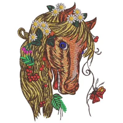 Bright Summer horse embroidery design showcasing vibrant colors and intricate details for various fabric projects.