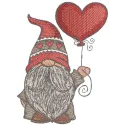 Dwarf holding a red heart-shaped balloon embroidery design, showcasing whimsical gnome motifs for creative stitching.