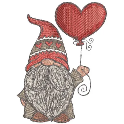 Dwarf holding a red heart-shaped balloon embroidery design, showcasing whimsical gnome motifs for creative stitching.