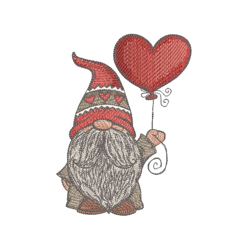 Dwarf holding a red heart-shaped balloon embroidery design, showcasing whimsical gnome motifs for creative stitching.