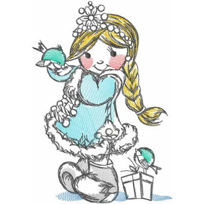 Tattered snow maiden with bird embroidery design, showcasing a whimsical Christmas theme for festive stitching projects.
