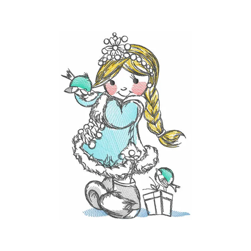 Tattered snow maiden with bird embroidery design, showcasing a whimsical Christmas theme for festive stitching projects.