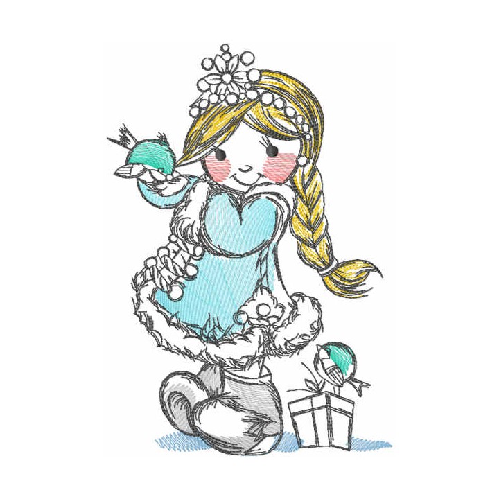 Tattered snow maiden with bird embroidery design - Embroidery Design