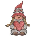 Gnome girl with red heart embroidery design, showcasing a whimsical stitched motif for creative projects.