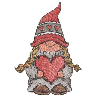 Gnome girl with red heart embroidery design - Embroidery Design