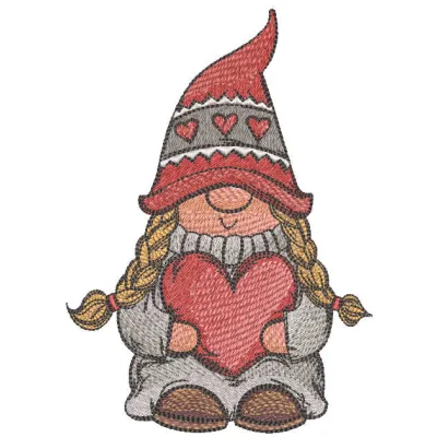 Gnome girl with red heart embroidery design, showcasing a whimsical stitched motif for creative projects.