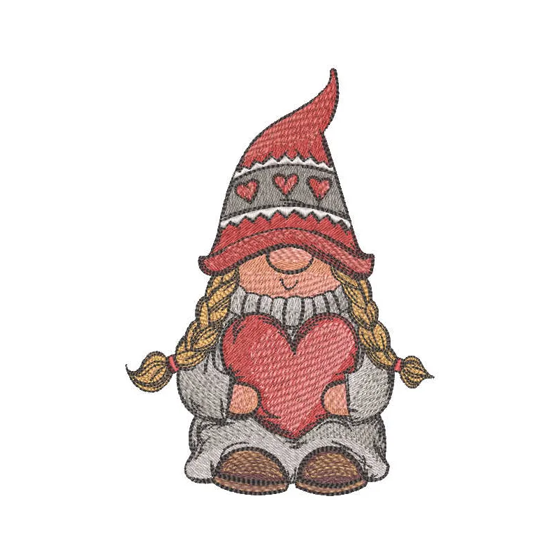 Gnome girl with red heart embroidery design, showcasing a whimsical stitched motif for creative projects.