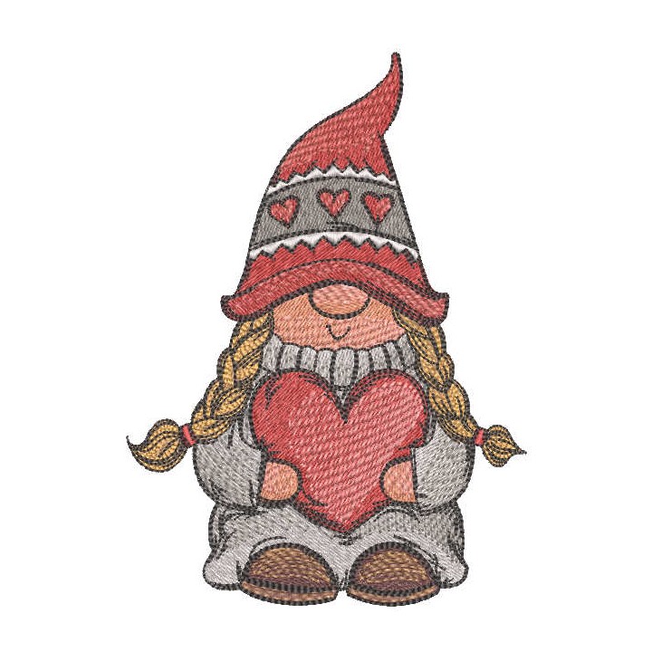 Gnome girl with red heart embroidery design - Embroidery Design