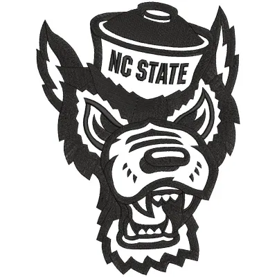 NC State Wolfpack mascot logo embroidery design showcasing vibrant stitched details for apparel and accessories.