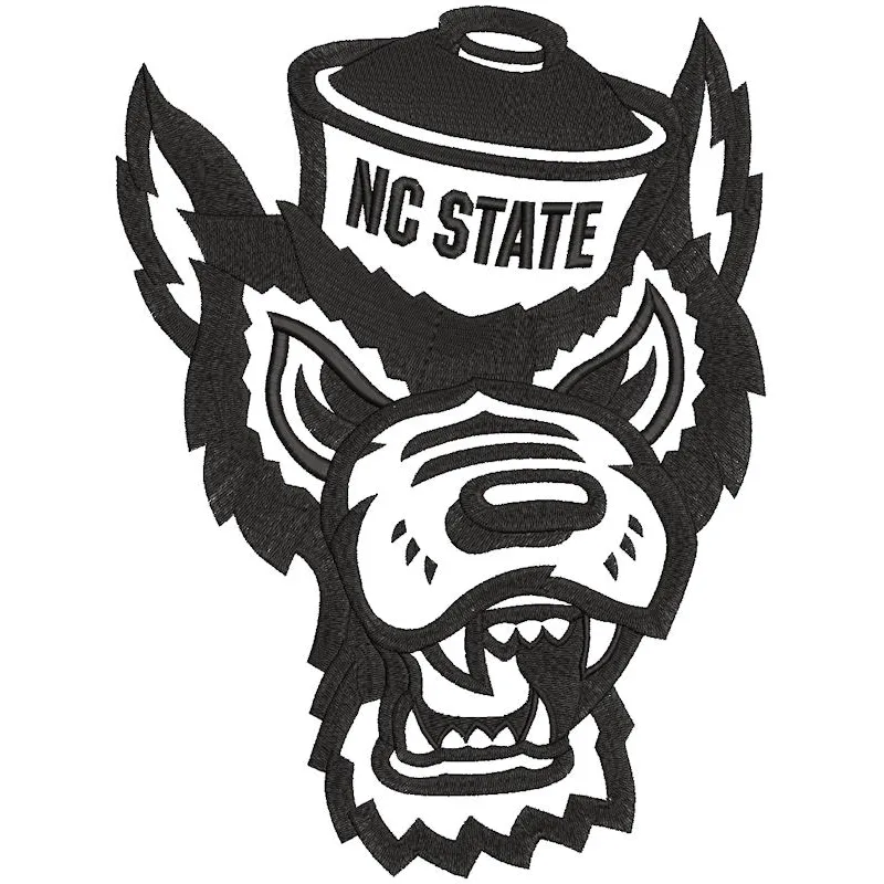 NC State Wolfpack mascot logo embroidery design showcasing vibrant stitched details for apparel and accessories.