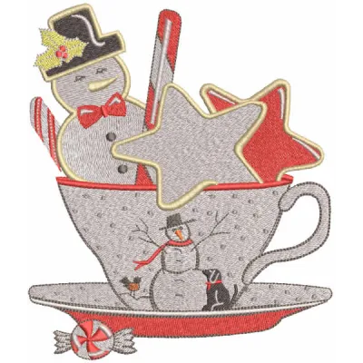 Embroidery design featuring a festive mug filled with milk, perfect for Christmas-themed stitching projects.