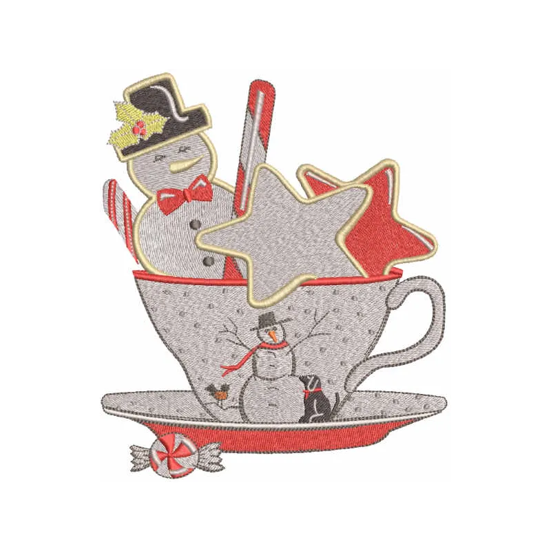 Embroidery design featuring a festive mug filled with milk, perfect for Christmas-themed stitching projects.