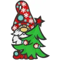 Embroidery design featuring a cheerful gnome beside a decorated Christmas tree, perfect for festive projects.