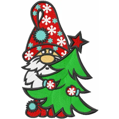 Embroidery design featuring a cheerful gnome beside a decorated Christmas tree, perfect for festive projects.