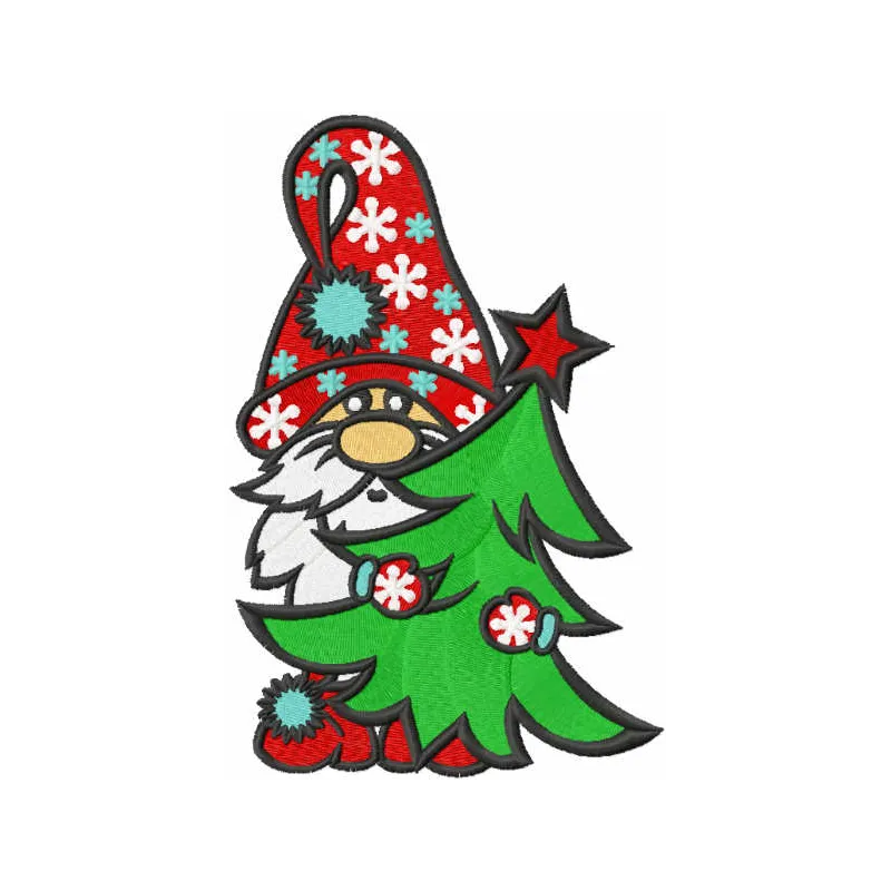 Embroidery design featuring a cheerful gnome beside a decorated Christmas tree, perfect for festive projects.