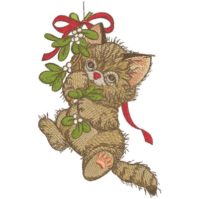 Charming kitten celebrates Christmas embroidery design, perfect for festive projects like t-shirts and pillows.