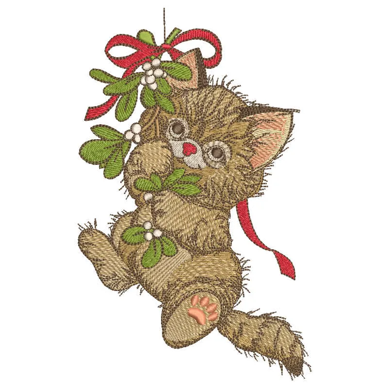 Charming kitten celebrates Christmas embroidery design, perfect for festive projects like t-shirts and pillows.
