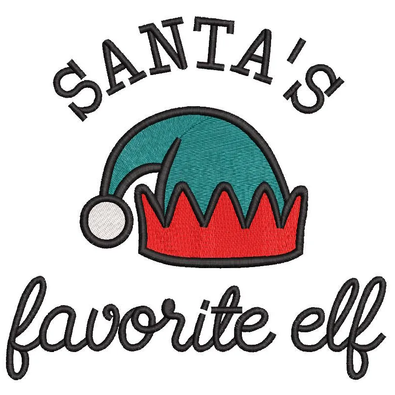 Santa's favorite elf embroidery design featuring a cheerful elf, perfect for Christmas-themed projects.