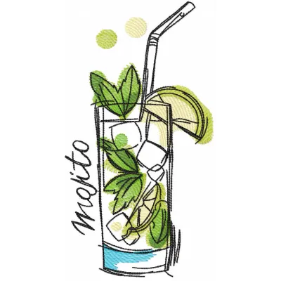 Mojito cocktail sketch embroidery design showcasing a refreshing drink ideal for kitchen decor and culinary projects.
