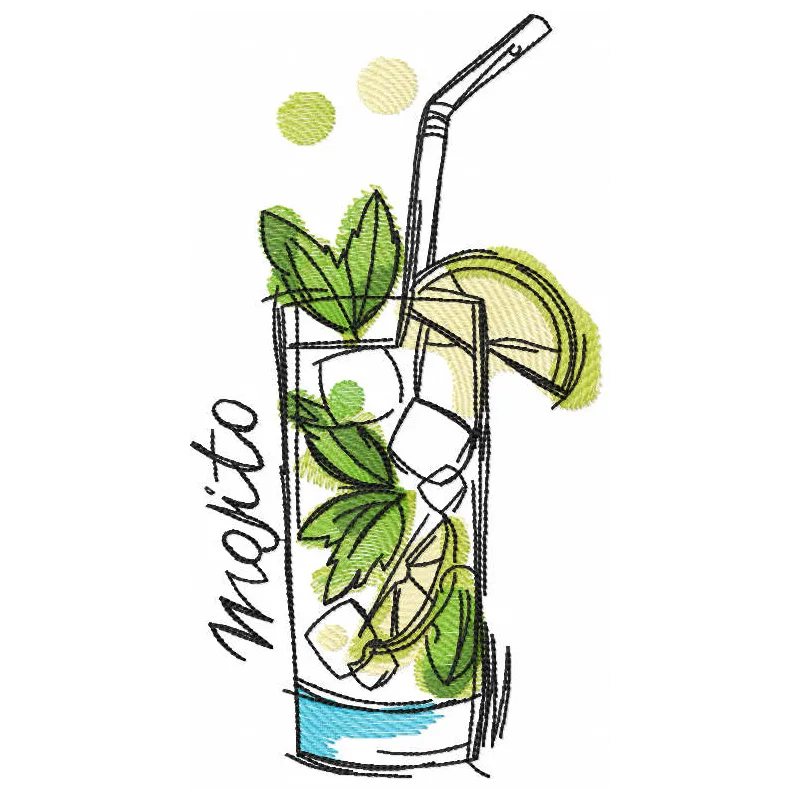 Mojito cocktail sketch embroidery design showcasing a refreshing drink ideal for kitchen decor and culinary projects.
