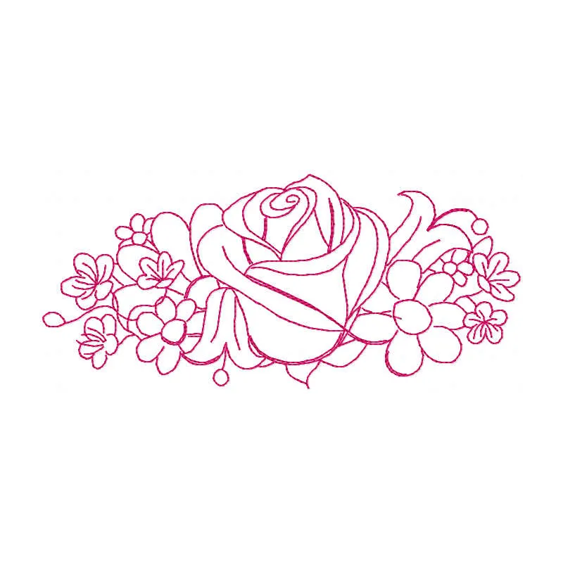 Preview of a floral embroidery design featuring rose redwork, perfect for stitching on various fabric projects.