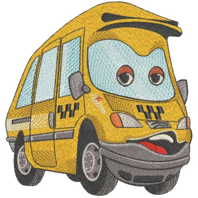Funny taxi embroidery design featuring a whimsical taxi cab motif, perfect for stitching on apparel and accessories.