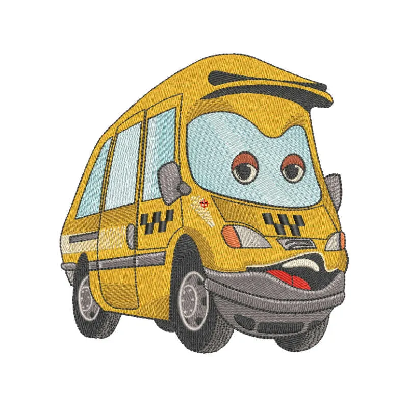 Funny taxi embroidery design featuring a whimsical taxi cab motif, perfect for stitching on apparel and accessories.