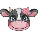Preview of a smiling cow with a rose embroidery design, showcasing a charming farm animal motif for creative projects.